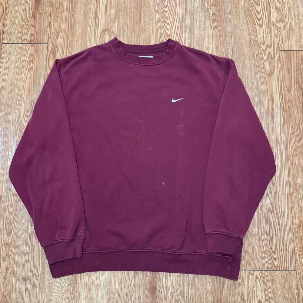 Nike Men's Sweatshirt Large Thrashed Paint Stain Y2K Burgundy Faded